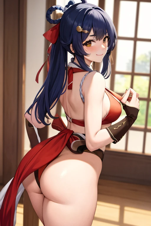 masterpiece, best quality, beautiful art, high resolution, well formed hands, body and fingers, 1 woman, solo, Xiangling ,  grown up,  cosplaying as Mai Shiranui , adult, big breasted, cleavage full body, long hair, hair ribbon, gorgeous legs and, thighs, sexy Japanese clothes, hair ornament, elbow gloves, dancing seductively and erotically, turning backwards and forwards, showing her back and front, showing her butt, t back, bikini  thong, smiling joyfully, sweating ,looking at the viewer, flirting, biting her lips, beach environment 