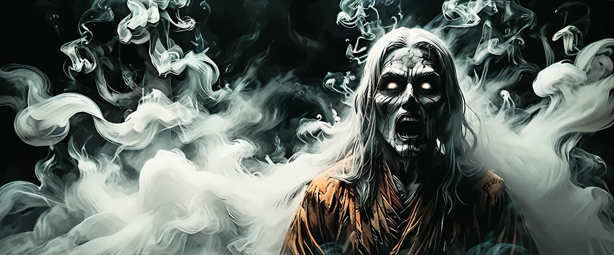 close up portrait ghost of Buddhist monk, without faces, shadows, night, jungle, smoke, fog, opened mouth, 

 
graphic style of novel comics,  2d, 8k, hyperrealism, masterpiece, high resolution, best quality, ultra-detailed, super realistic, Hyperrealistic art, high-quality, ultra high res, highest detailed, lot of details, Extremely high-resolution details, incredibly lifelike, colourful, soft cinematic light,