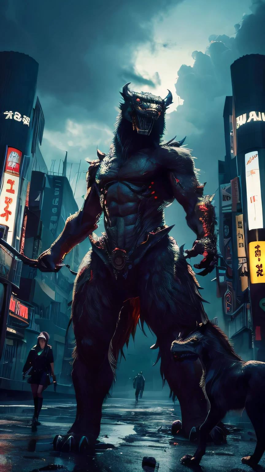 Ultra-high resolution, Superior Quality, highest quality, Super detailed, Realistic, 8k, highest quality, masterpiece, Japanese woman holding hands with a big monster, Ruined City, A dark, mysterious and eerie worldview,