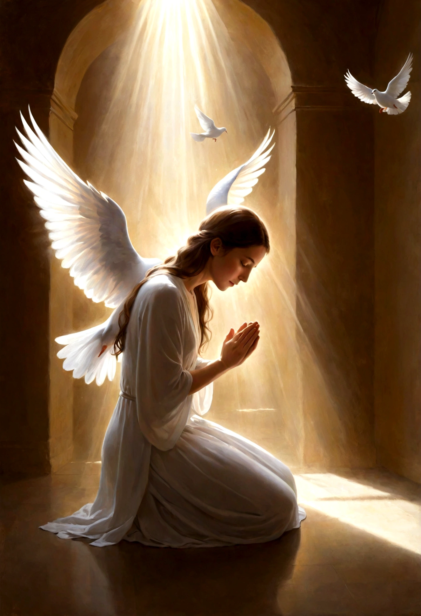 Holy Spirit symbolized as a radiant small dove descending gently upon a devout woman figure kneeling in prayer, bathed in ethereal light that cascades down in beams, ethereal glow, spiritual ambiance, high contrast between light and shadow, religious iconography, digital painting, ultra realistic
