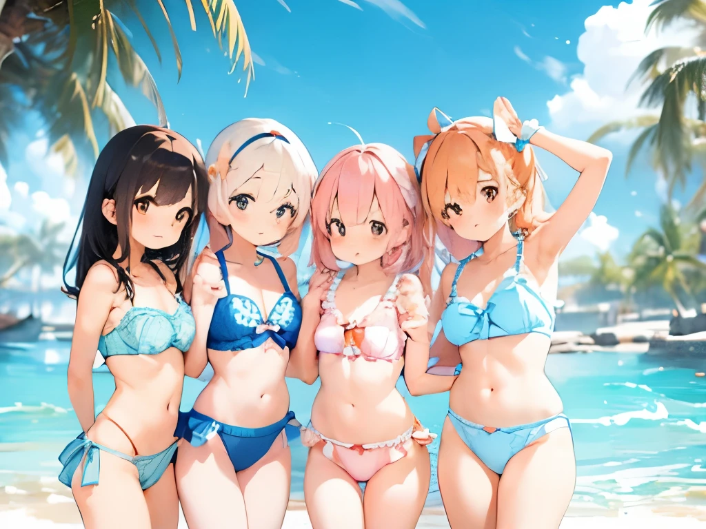 Four busty sisters in cute lingerie and cute bras、Cute white bra with ribbon、White and light blue checkered bra、Cute orange bra、White underwear with cute ribbon、White and light blue striped pants、Cute orange underwear、Sandy Beach, Calm, Clear sea and blue sky、Pink floral bra、Pink floral underwear、barefoot