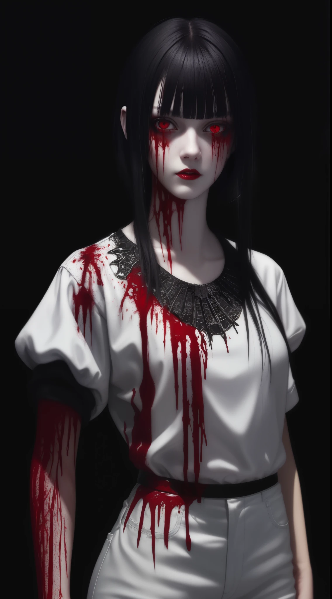 (masterpiece, best quality:1.2), cover image, splashed color background, highly detailed, colorful black, 1 girl, long silver hair, red eyes, short hair, blunt bangs, mannequin, cool face, ((( white clothes))), illustration, horror art, dread, creepy, blood, blood eyes, gore,