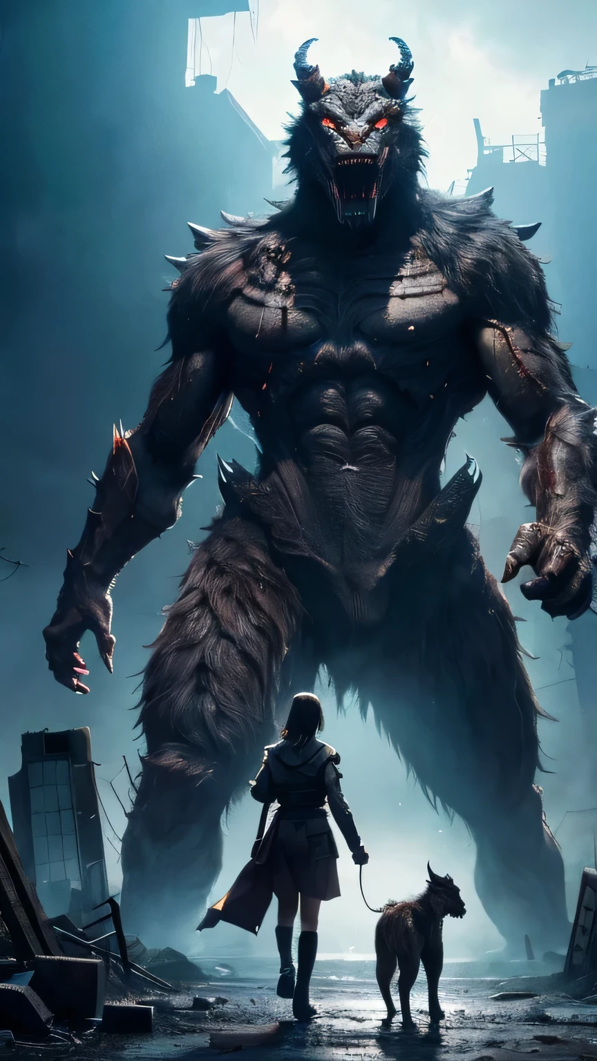 Ultra-high resolution, Superior Quality, highest quality, Super detailed, Realistic, 8k, highest quality, masterpiece, Japanese woman holding hands with a big monster, Ruined City, A dark, mysterious and eerie worldview,