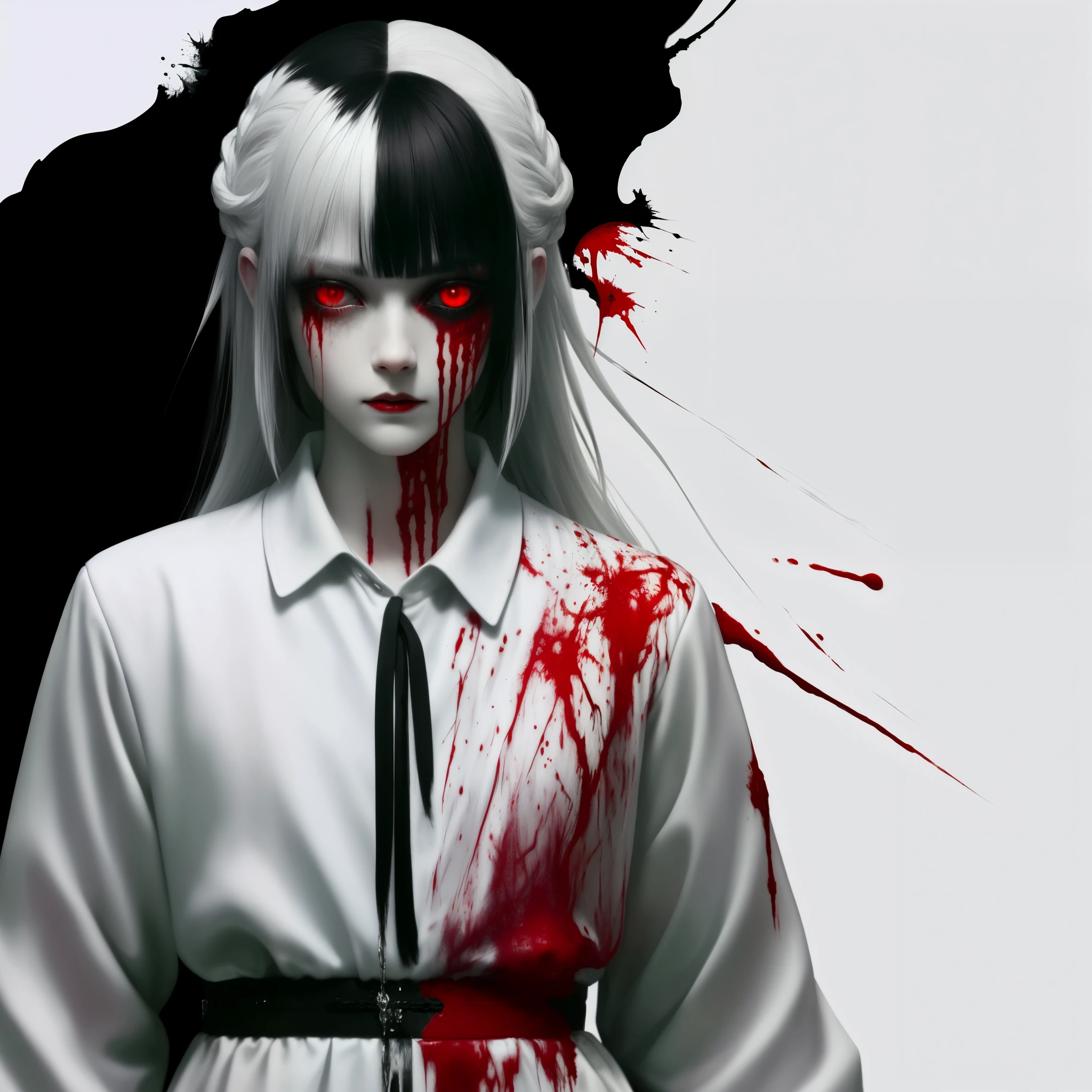 (masterpiece, best quality:1.2), cover image, splashed color background, highly detailed, colorful black, 1 girl, long silver hair, red eyes, short hair, blunt bangs, mannequin, cool face, (((white clothes))), illustration, horror art, dread, creepy, blood, blood eyes, gore, wabstyle