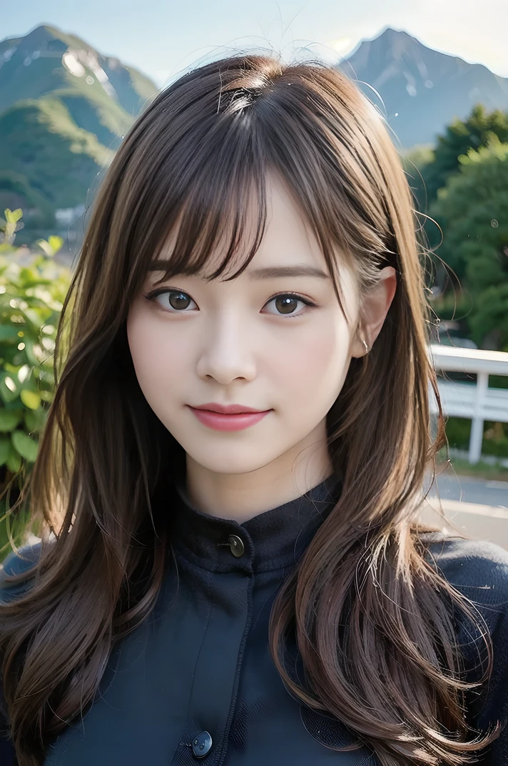 (8k, RAW Photos, highest quality、masterpiece:1.2), (Realistic、Realistic:1.37), Super detailed, High resolution, 1 girl, View your viewers, Beautifully detailed face、Laughter、Jacket、Beautiful and detailed skin、Skin Texture、Floating Hair、Professional Lighting、Human whole body、Long Hair、Mountain