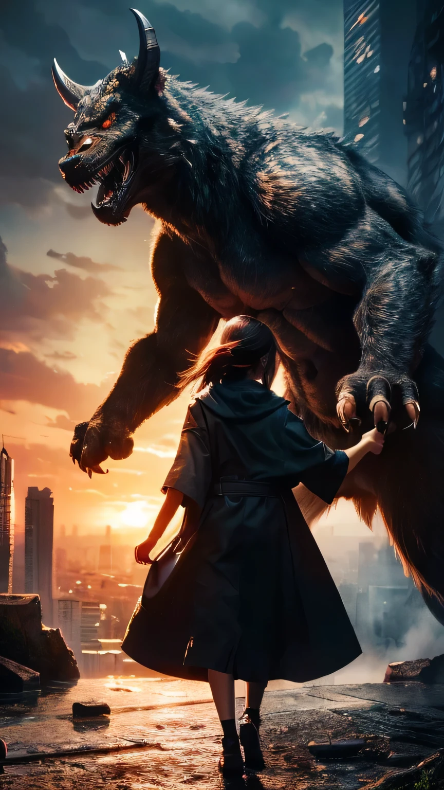 Ultra-high resolution, Superior Quality, highest quality, Super detailed, Realistic, 8k, highest quality, masterpiece, Japanese woman holding hands with a big monster, Ruined City, A dark, mysterious and eerie worldview,
