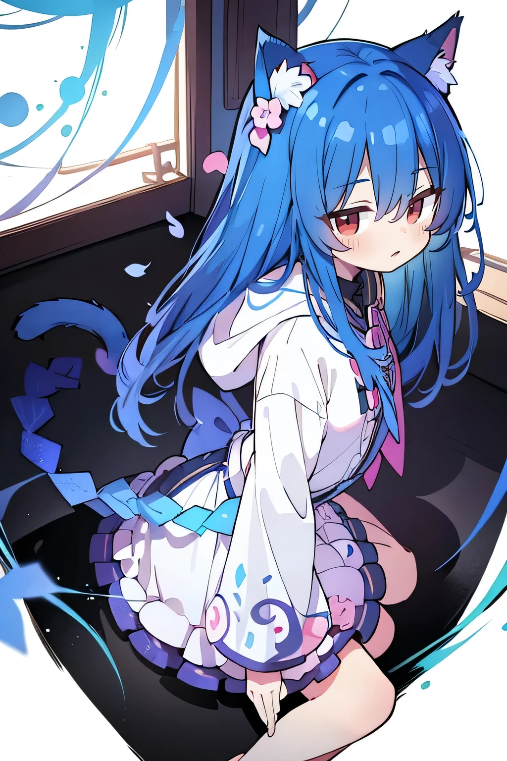 (masterpiece:1.2),Super detailed,lifelike,Expressive eyes,fair skin,perfect face shape,1 girl,
Japanese comics,Gorgeous blue hair,flowing blue hair,flowing clothes,Cat ears,Petals fall,beautiful lola,Baby Angel,
Shaking head with one hand,Cross your legs,Gentle and peaceful background,The pavilion is cool and comfortable,smile, wearing hoodie, background of tokyo,back views.