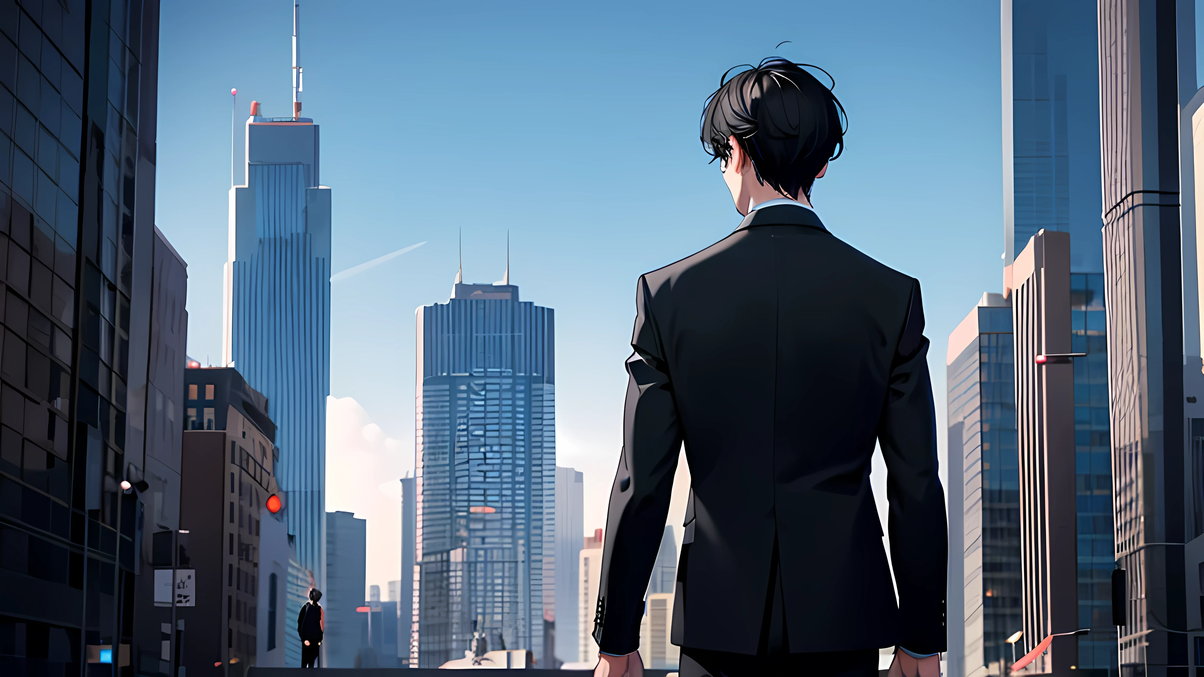 1 boy, medium light black hair, light blue eyes, wearing black suit, city, absurdres, high res, ultrasharp, 8K, masterpiece, Slim and good figure ,looking from behind