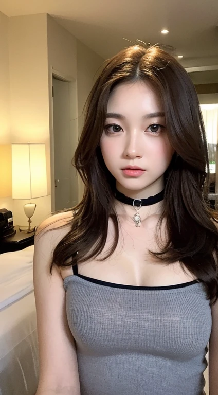 {masterpiece},{highest quality},{One Girl}, cute, wonderful, Beautiful details, **,Bob Hair, Brown Hair,In detail,Written boundary depth,Highly detailed CG,original, Highly detailed wallpaper,, View your viewers、Dark brown hair、blue eyes、Hotel、choker、Functional,pubic hair,slim、Model Body Type、All Nude,