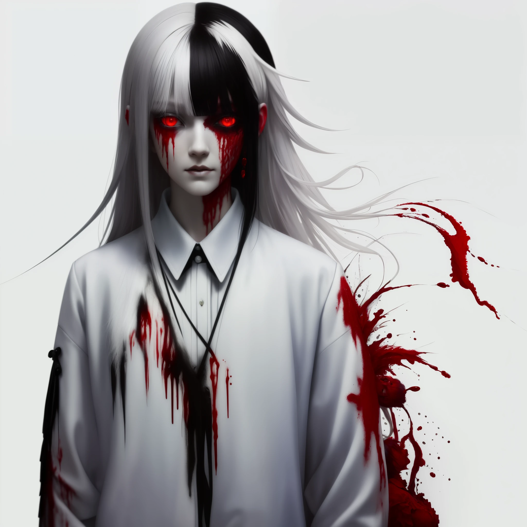 (masterpiece, best quality:1.2), cover image, splashed color background, highly detailed, colorful black, 1 girl, long silver hair, red eyes, short hair, blunt bangs, mannequin, cool face, (((white clothes))), illustration, horror art, dread, creepy, blood, blood eyes, gore, wabstyle