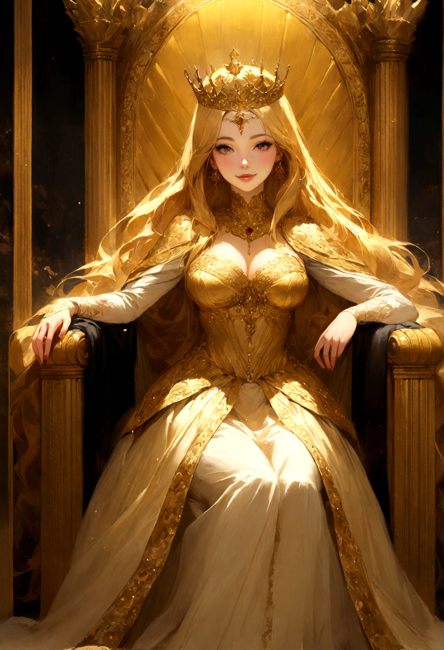 Here's an English prompt based on the image you provided: "A regal woman seated on a golden throne, wearing an intricately designed golden dress and crown. She exudes an aura of power and majesty, with her golden hair flowing and adorned with elegant jewelry. The background features ornate golden pillars and a warm, glowing light, enhancing the royal and opulent atmosphere."Japanese high school girl with a gal style face, cute, smiling.Realistic styleWith large breastsReplace the crown with a tiara.Place both hands cutely on your cheeks.