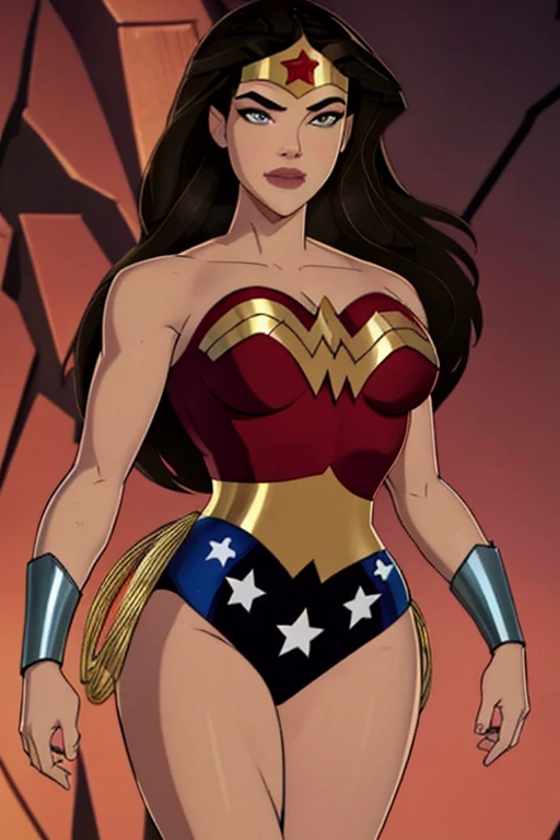 Realistic, Natural Beauty, Masterpiece, Hailee Steinfeld, Perfectly Accurate Face Proportion, Realistic Light Brown Eyes, Thick Eyebrows, Wonder Woman, Wonder Woman Tiara, Big Breast, Curve Wide Hips, Toned Thighs, Toned Arms, Grin On Her Face, Contemplative Stance with Figure-Hugging Suit: In a relaxed yet thoughtful pose, Wonder Woman’s tight suit outlines the natural curves and muscles of her body. Her hand on her chin and the other arm crossed over her chest emphasize the suit’s snug fit, showcasing the contours of her figure.