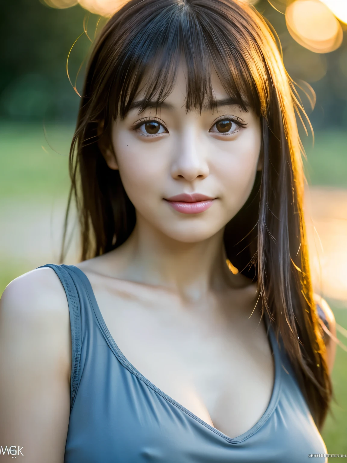 1 Japanese lady, 40 years old, Extremely beautiful, (Extremely cute), (extremely detailed beautiful face), Amazing face and eyes, rather dense hair, various hair style, slightly brighter eyes, normal makeup, (Mini dress with camisole), (Best Quality:1.4), (Ultra-detailed), extremely detailed CG unified 8k wallpaper, A hyper-realistic, (Photorealsitic:1.4), Raw photography, professional photograpy, Cinematic lighting, Realistic portrait, ((Bokeh)), (depth of fields:1.4), (View photographer:1.3), (in a Park with a pond), Small breasts, extremely thin waist, (full body Esbian), Accurate eyes, Beautiful mouth, (Keep your mouth completely closed), (early evening:1.3), (look at a camera), (brilliant sunset:1.25), no sleeves, Melancholy look