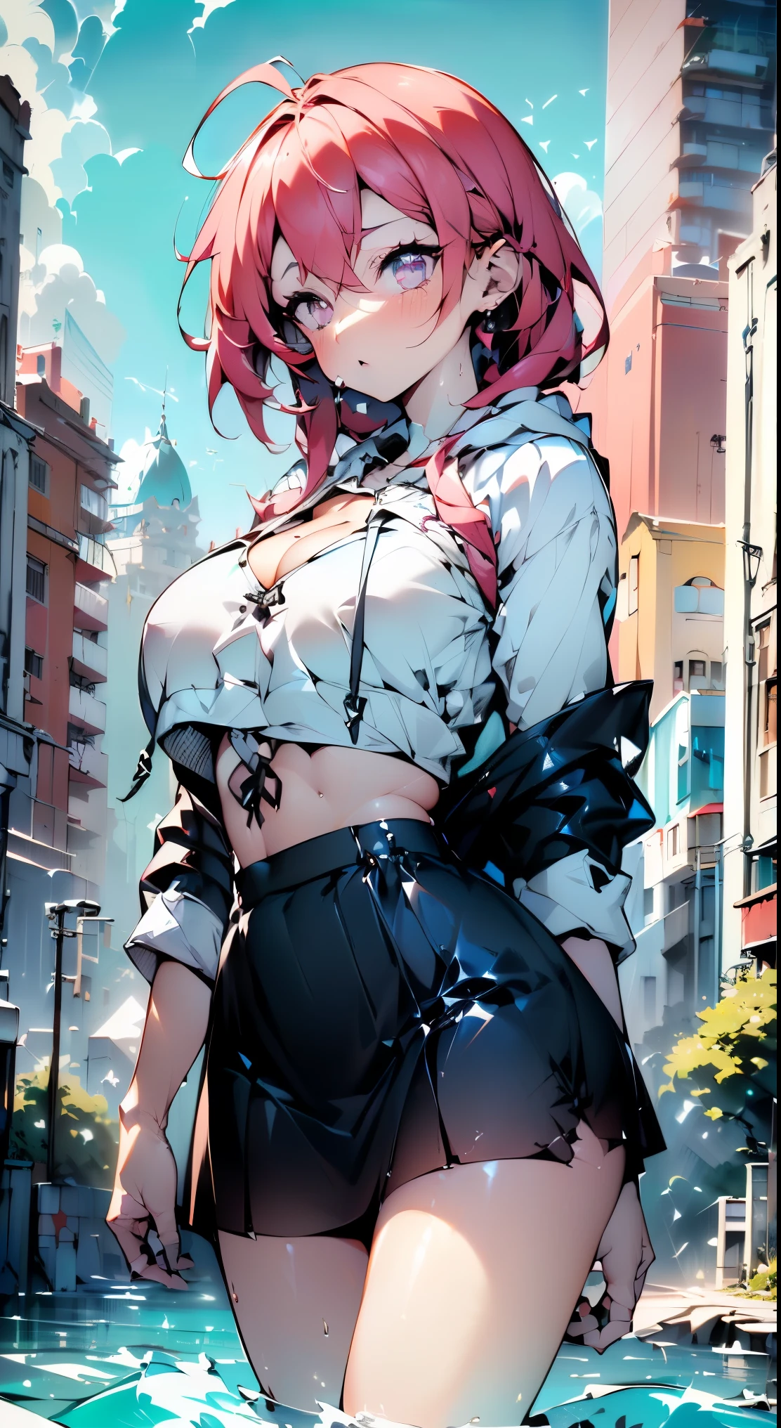 Girl Space Punk,(((One girl))),((anime girl with extremely cute and beautiful walking Fascinatingly down the street)),Cute、(face:1.5)、cleavage、

((Big Breasts:1.8)),(Big Ass)、(Messy Hair,Inner hair color,Big Hair,異常に長いMessy Hair:1.35,Long Hair,Ear breathing),((Yellow Eyes:1.3,Upturned eyes:1.3,perfectionな目,Beautiful fine details,Ultra-detailed iridescent deep pink and purple eyes:1.1,Gradient Eyes:1,Beautiful, detailed eyes:1,Symmetrical eyes:1,Big highlights for the eyes:1.2)),((Fat)),(((Shiny skin:1.5,Light Skin: 1.5,Sunburned skin,Shiny skin,very Shiny skin,Shiny body,Plastic Glitter Skin,exaggerated Shiny skin))),(Spider&#39;s underbelly,Tight waist,Wide Hips,An athletic body,Swollen legs,Delicate and fine fingers,Detailed body,Detailed Weapons,Human hand,(Detailed face)),

cute,Lewd,Fascinating,erotic,(((Browsing Caution))),

zettai ryouiki,Revealing clothing,Show some skin,((((Underbust)))),(Cleavage),(Half naked,Fewer clothes,((Small string)),barefoot,Visible ties),((((crop top hoodie,cropped hoodie,hoodie,hoodie complicated)))),((Detailed costume,Detailed clothing)),(mini skirt:1.5)

(Dynamic pose:1.0),Focus Only,Embarrassing,Centered,Scale to fit dimensions,Three-part method,

((((Cityscape by the sea,Seaside,The sea in the background,Futuristic buildings and futuristic towers emerging from the water)))),Thick Clouds,Very cloudy sky,Futuristic cityscape,((Synthwave Themed Background)),((Detailed Background:1.25)),

(highest quality,High resolution,Sharp focus,Super detailed,Very detailed,Very high quality artwork,(Realistic,photoRealistic:1.37),8k_wallpaper,(Very detailed CG 8k),(Extremely detailed 8K CG),((hyper super Super detailed perfect piece)),perfection,(((masterpiece))),figure,Vibrant colors,(complicated),High Contrast,Selective lighting,Double Exposure,High resolution (High Dynamic Range),Post-processing,Background Blur,