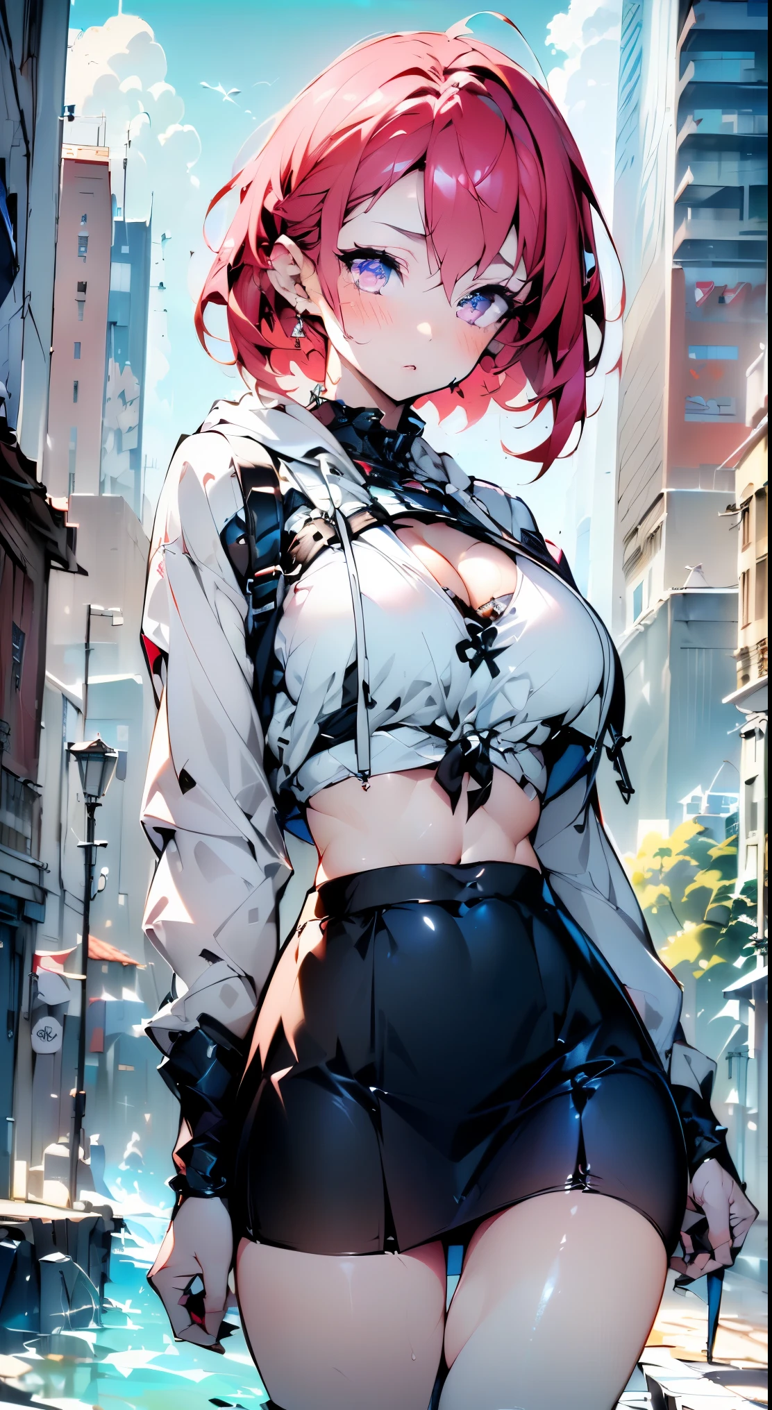 Girl Space Punk,(((One girl))),((anime girl with extremely cute and beautiful walking Fascinatingly down the street)),Cute、(Babyface:1.5)、cleavage、

((Big Breasts:1.8)),(Big Ass)、(Messy Hair,Inner hair color,Big Hair,異常に長いMessy Hair:1.35,Long Hair,Ear breathing),((Yellow Eyes:1.3,Upturned eyes:1.3,perfectionな目,Beautiful fine details,Ultra-detailed iridescent deep pink and purple eyes:1.1,Gradient Eyes:1,Beautiful, detailed eyes:1,Symmetrical eyes:1,Big highlights for the eyes:1.2)),((Fat)),(((Shiny skin:1.5,Light Skin: 1.5,Sunburned skin,Shiny skin,very Shiny skin,Shiny body,Plastic Glitter Skin,exaggerated Shiny skin))),(Spider&#39;s underbelly,Tight waist,Wide Hips,An athletic body,Swollen legs,Delicate and fine fingers,Detailed body,Detailed Weapons,Human hand,(Detailed face)),

cute,Lewd,Fascinating,erotic,(((Browsing Caution))),

zettai ryouiki,Revealing clothing,Show some skin,((((Underbust)))),(Cleavage),(Half naked,Fewer clothes,((Small string)),barefoot,Visible ties),((((crop top hoodie,cropped hoodie,hoodie,hoodie complicated)))),((Detailed costume,Detailed clothing)),(mini skirt:1.5)

(Dynamic pose:1.0),Focus Only,Embarrassing,Centered,Scale to fit dimensions,Three-part method,

((((Cityscape by the sea,Seaside,The sea in the background,Futuristic buildings and futuristic towers emerging from the water)))),Thick Clouds,Very cloudy sky,Futuristic cityscape,((Synthwave Themed Background)),((Detailed Background:1.25)),

(highest quality,High resolution,Sharp focus,Super detailed,Very detailed,Very high quality artwork,(Realistic,photoRealistic:1.37),8k_wallpaper,(Very detailed CG 8k),(Extremely detailed 8K CG),((hyper super Super detailed perfect piece)),perfection,(((masterpiece))),figure,Vibrant colors,(complicated),High Contrast,Selective lighting,Double Exposure,High resolution (High Dynamic Range),Post-processing,Background Blur,