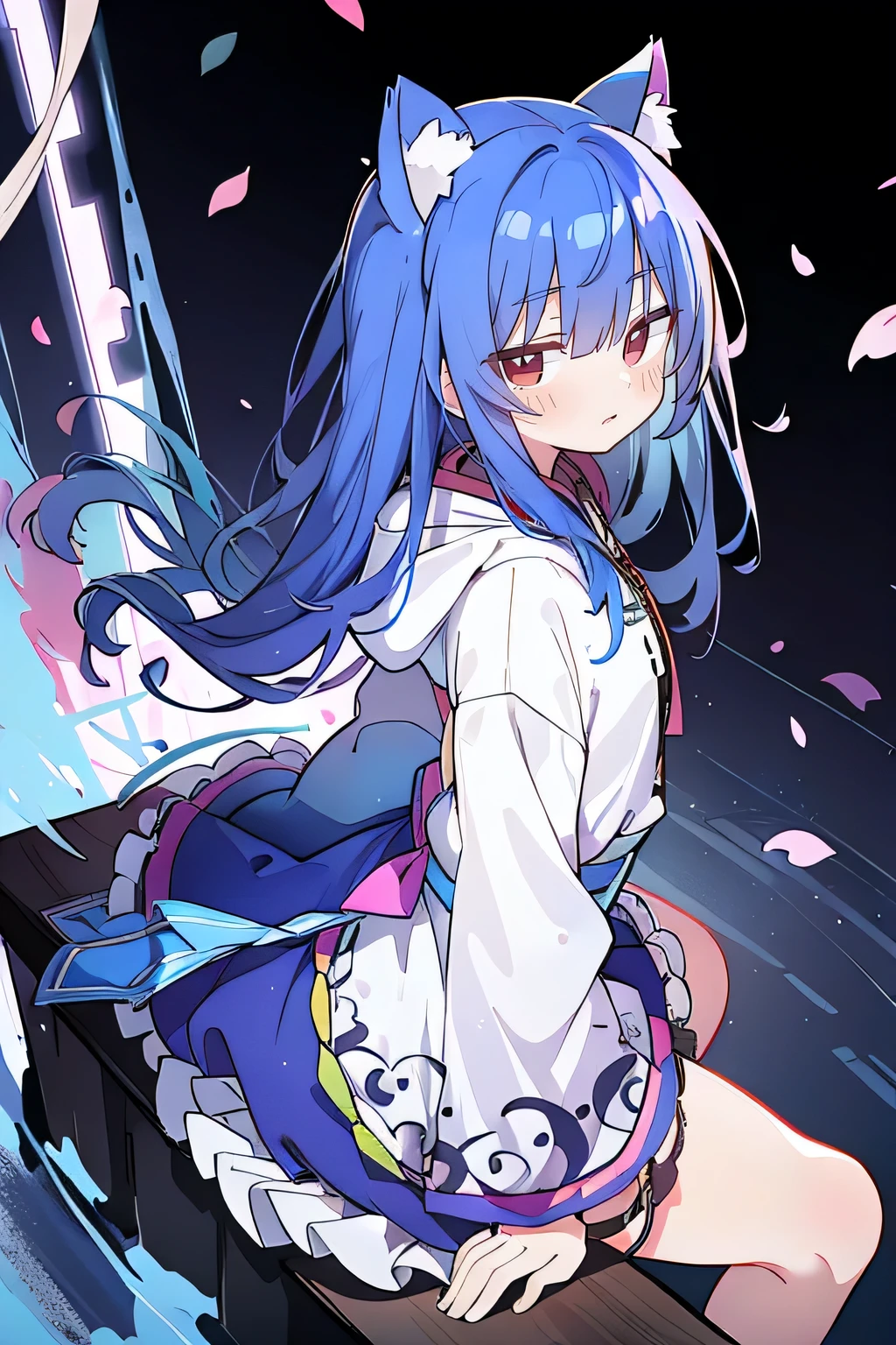 （masterpiece：1.2），Super detailed，lifelike，Expressive eyes，fair skin，perfect face shape，1 girl，
Japanese comics,Gorgeous blue hair,flowing blue hair,flowing clothes,Cat ears,Petals fall,beautiful lola,Baby Angel,
Shaking head with one hand，Cross your legs，Gentle and peaceful background，The pavilion is cool and comfortable,smile, wearing hoodie, background of tokyo,back views.