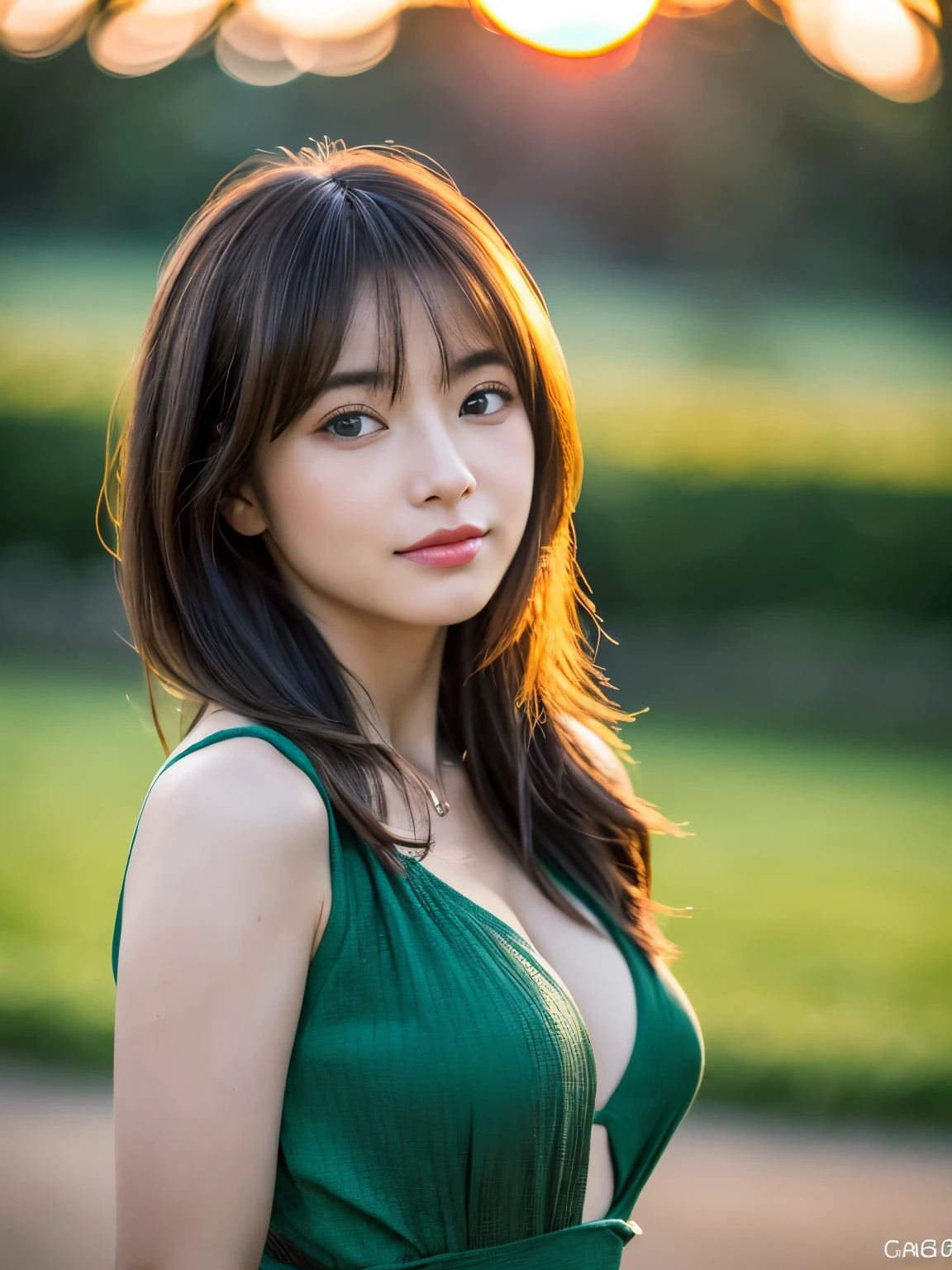 1 Japanese lady, 40 years old, Extremely beautiful, (Extremely cute), (extremely detailed beautiful face), Amazing face and eyes, rather dense hair, various hair style, slightly brighter eyes, normal makeup, (Mini dress with camisole), (Best Quality:1.4), (Ultra-detailed), extremely detailed CG unified 8k wallpaper, A hyper-realistic, (Photorealsitic:1.4), Raw photography, professional photograpy, Cinematic lighting, Realistic portrait, ((Bokeh)), (depth of fields:1.4), (View photographer:1.3), (in a Park with a pond), Small breasts, extremely thin waist, (full body Esbian), Accurate eyes, Beautiful mouth, (Keep your mouth completely closed), (early evening:1.3), (look at a camera), (brilliant sunset:1.25), no sleeves, Melancholy look