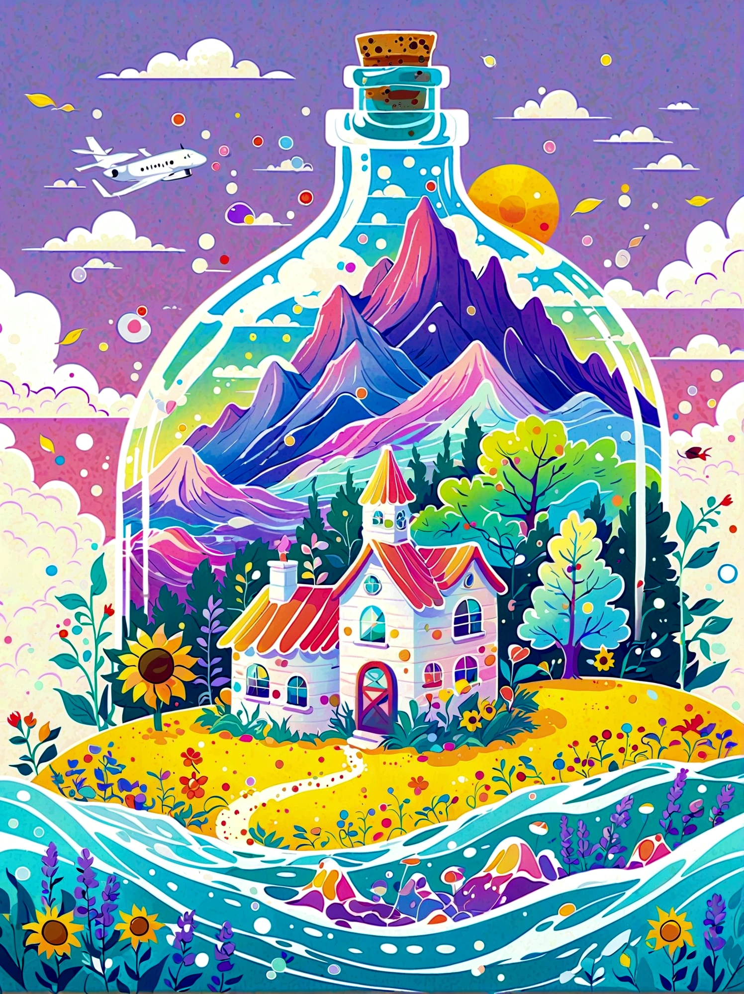 (flat, user interface vector style), (world in a bottle), heavenly colors, colorful fantasy candy house, fairy tale world, spring, seaside, rios, tree house, sunflower field, lavender, mountains, peaks, big trees, (simple illustration), (smooth line art: 1.2), (minimalism), white background, (graphic design aesthetics), (flat illustration), (Plane illustration)