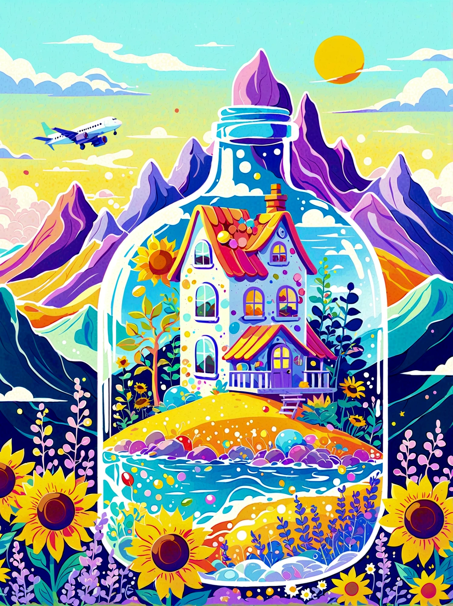 (flat, user interface vector style), (world in a bottle), heavenly colors, colorful fantasy candy house, fairy tale world, spring, seaside, rios, tree house, sunflower field, lavender, mountains, peaks, big trees, (simple illustration), (smooth line art: 1.2), (minimalism), white background, (graphic design aesthetics), (flat illustration), (Plane illustration)