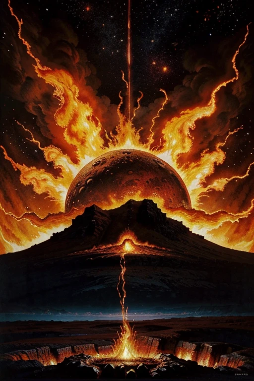A fire flower is growing on a tapestry of boiling magma, relentless,red energy aura,pure, supernatural,highly detailed, 4k resolution, masterpiece,vulcanic caldera scenario,digital art, Druillet art, 1980s
