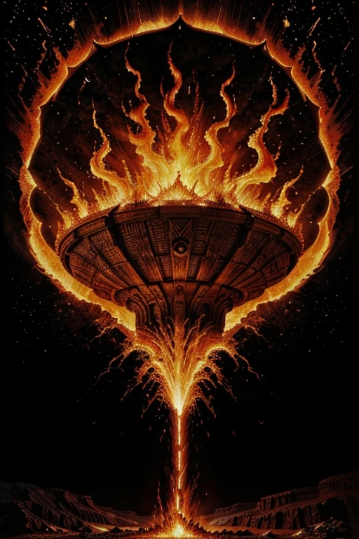 A fire flower is growing on a tapestry of boiling magma, relentless,red energy aura,pure, supernatural,highly detailed, 4k resolution, masterpiece,vulcanic caldera scenario,digital art, Druillet art, 1980s