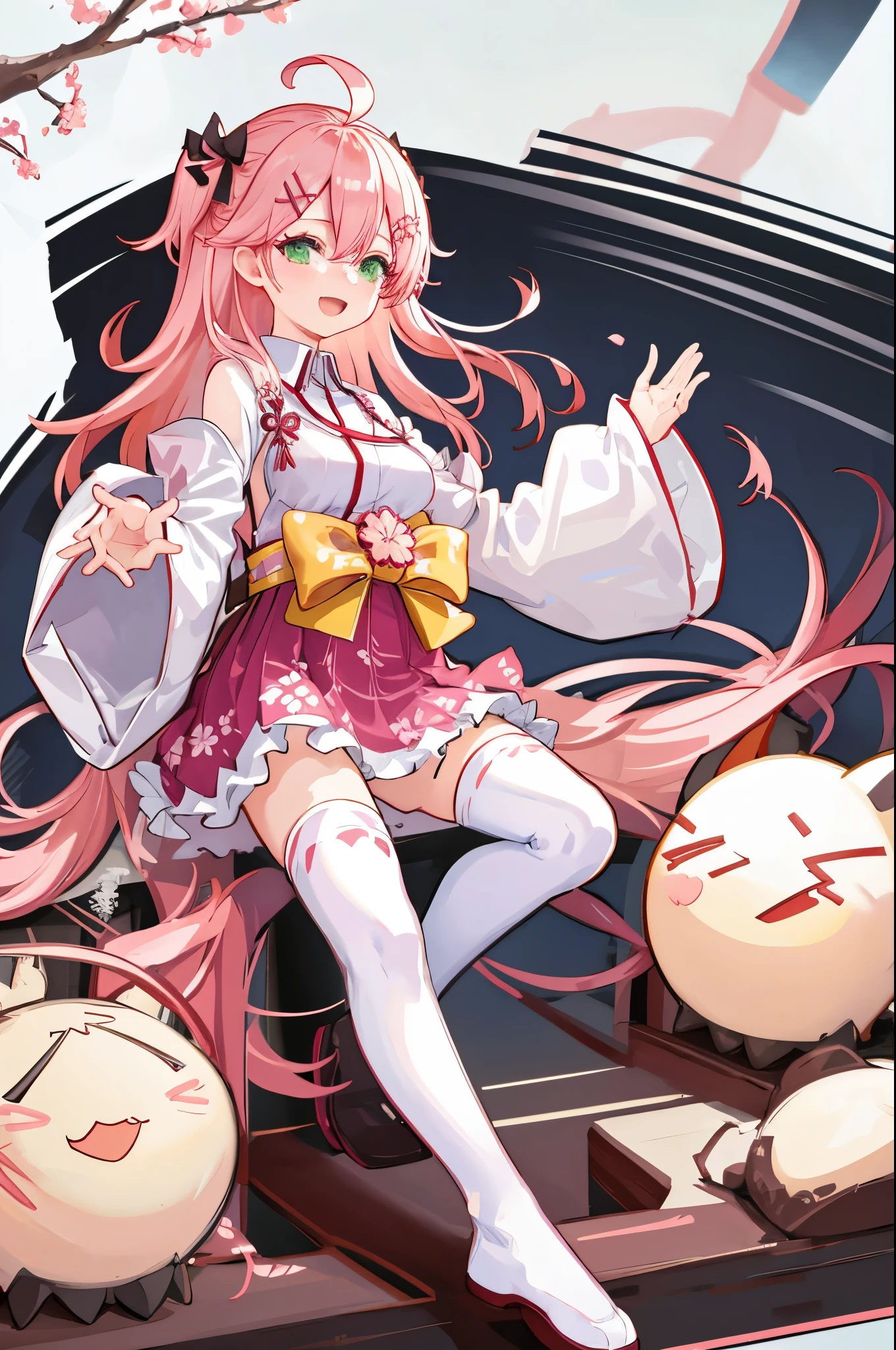 masterpiece, best quality, highres, sakura_miko, 1girl, (loli:1.3),medium_breasts, kimono, solo, ahoge, x_hair_ornament, pink_hair, floral print, hairclip,(side_less_clothes:1.3), (side_breasts:1.3), hair_bell, floral print, long_hair, hair between eyes, one side up, white_thighhighs, wide sleeves, open_mouth,(happy:1.3),green_eyes,smile,apart_legs,(overly_long_sleeves:1.3),),sleeves_past_wrists,hands_hidden_sleeves,sidelock_clothes,solo,hidden_wrists,(XD:1.5),covered_nipples,sunlight,(bare_flank:1.3),boots,open_mouth,kimono,close_eyes,.