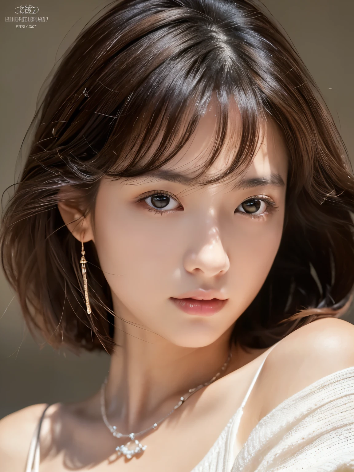 (top-quality、8K、32K、masterpiece、nffsw:1.2)、cute little japanese women photos、large full breasts、very short bobbed hair、The upper part of the body、sface focus、Oversized_Sweaters、a necklace、simple background、From above、looking at the viewerix4、(8K、Raw photography、top-quality、masterpiece:1.2)、(realisitic、Photorealsitic:1.37)、1girl in、cute little、profetional lighting、photon maping、physically-based renderingt、Gradient Brunette Hair、short curly hair、a handsome、Girly、superior image quality、hight resolution、1080p、(Clear face)、(Detailed face description)、(Detailed hand description)、(masuter piece)、(Exquisite CG)、 extreme light and shadows、hair messy、masterpiece、lush detail、(Exquisite facial features)、(The highest image quality)、(masterpiece)、(A detailed eye)、Looking forward to your eyes、Delicate collarbones、Poses variadas、don't watch mela、profile、white walls、(white walls room with window)、Autumn clothes、Winter clothes、simple a necklace、T-shirt