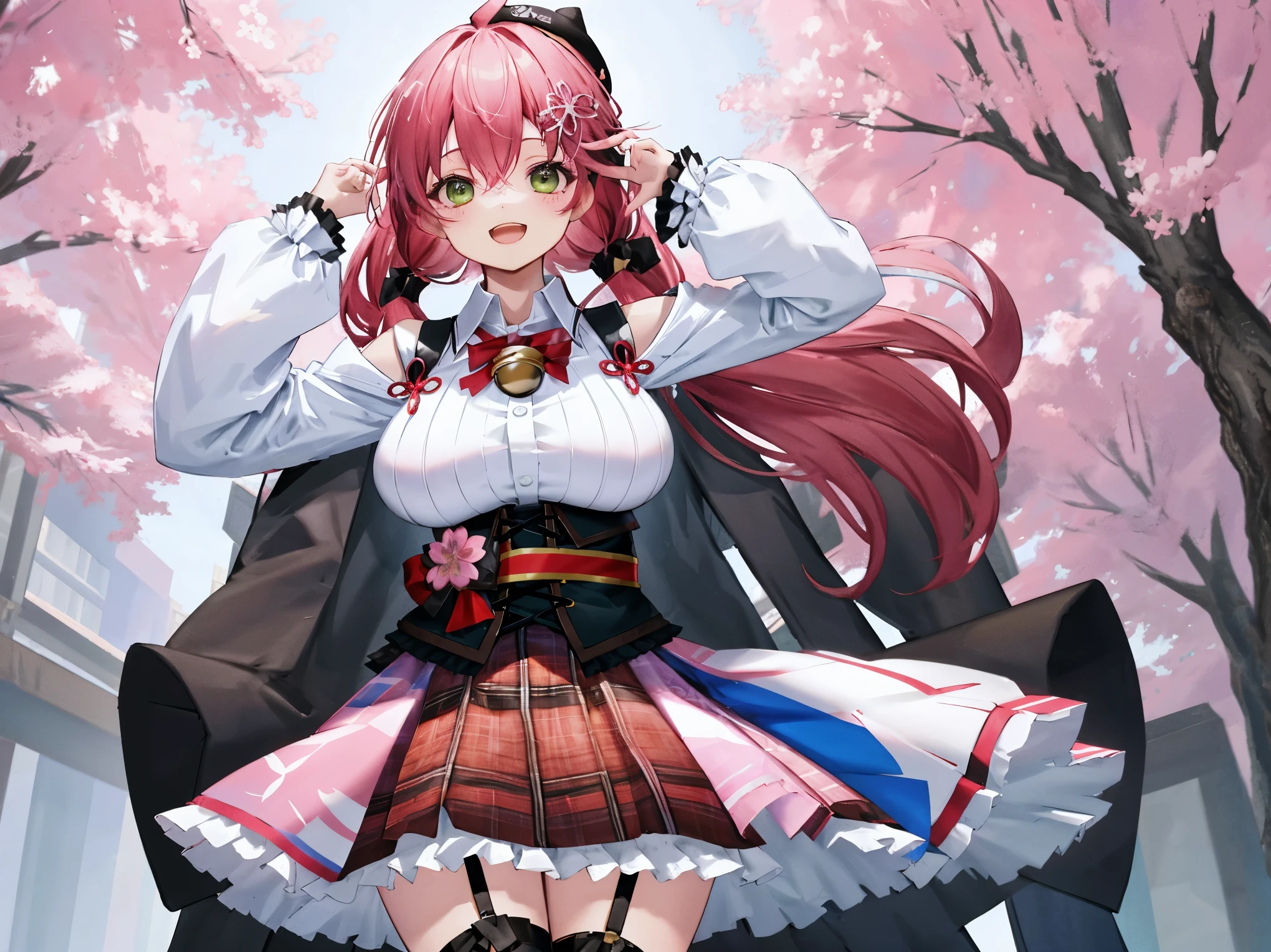 masutepiece, Best_Quality, hight_resolution, miko2,Ponytail, 1girl, young_teen,Ahoge, black headwear, Hair Ornament, White shirt, black thighhighs, Pink hair, Red_skirt, very_short_skirt, plaid skirts, garter_strap, Collared shirt, hair clips, frilld, Bangs, hair between eye, frills skirt, beret, Pleated skirt, Hair Flower, Neck bell, , puffy long sleeves, Black bow, Underbust, Cowboy Shot,Smile, (gigantic_breasts:1.3),covered_nipples, covered_pussy,green_eyes, happy, childlike_posing,spread_legs,(big_smile:1.2),plump,open_mouth,shout,half_eyes,cherryblossom_park_background,