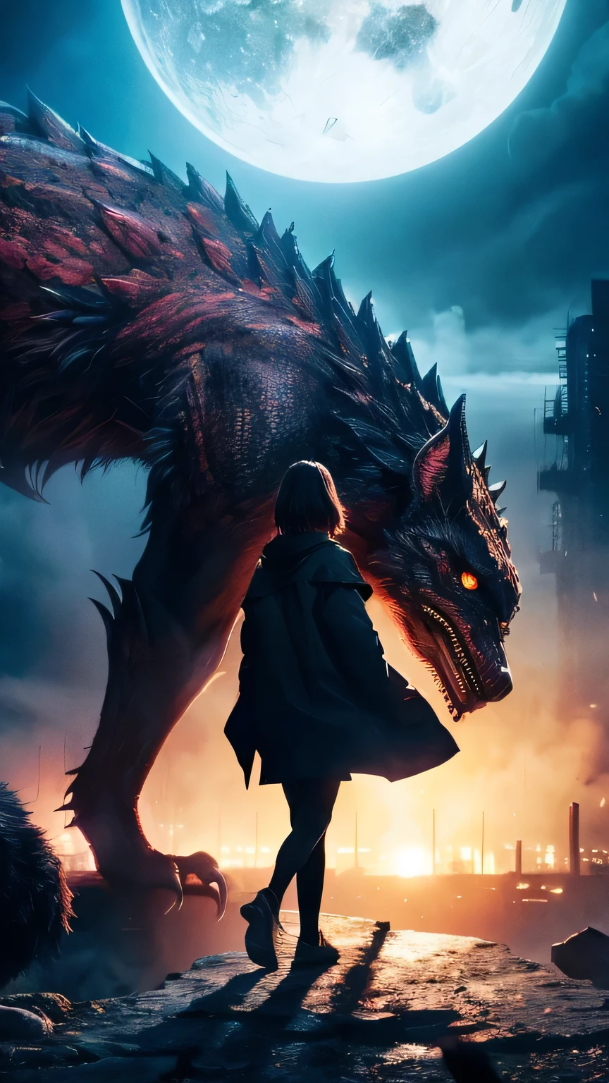 Ultra-high resolution, Superior Quality, highest quality, Super detailed, Realistic, 8k, highest quality, masterpiece, Japanese woman holding hands with a big monster, Ruined City, A dark, mysterious and eerie worldview,