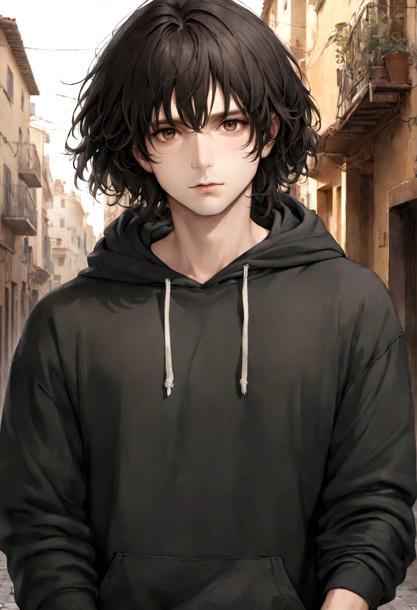 (sudadera con capucha para hombre), ), (con barba ,) (ojos color cafe claro), Aspecto atractivo y serio, cabello negro oscuro, ropa comoda y holgada sudadera color cafe, Un hombre similar al actor Jim Morrison, (Imagen realista y de alta calidad), fondo en la calle con la vista hacia una ciudad, ((La mejor calidad, 8K, obra maestra).((dynamic pose))