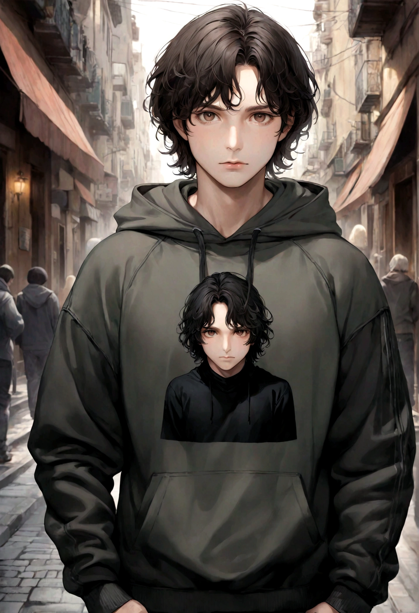 (sudadera con capucha para hombre), ), (con barba ,) (ojos color cafe claro), Aspecto atractivo y serio, cabello negro oscuro, ropa comoda y holgada sudadera color cafe, Un hombre similar al actor Jim Morrison, (Imagen realista y de alta calidad), fondo en la calle con la vista hacia una ciudad, ((La mejor calidad, 8K, obra maestra).((dynamic pose))
