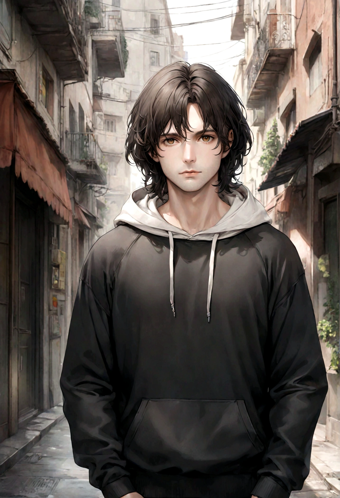 (sudadera con capucha para hombre), ), (con barba ,) (ojos color cafe claro), Aspecto atractivo y serio, cabello negro oscuro, ropa comoda y holgada sudadera color cafe, Un hombre similar al actor Jim Morrison, (Imagen realista y de alta calidad), fondo en la calle con la vista hacia una ciudad, ((La mejor calidad, 8K, obra maestra).((dynamic pose))