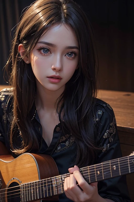 a skilled guitarist playing an electric guitar, detailed facial features, beautiful detailed eyes, beautiful detailed lips, extremely detailed face and eyes, long eyelashes, playing guitar with intense expression, dramatic lighting, cinematic composition, vibrant colors, photorealistic, 8k, best quality, masterpiece