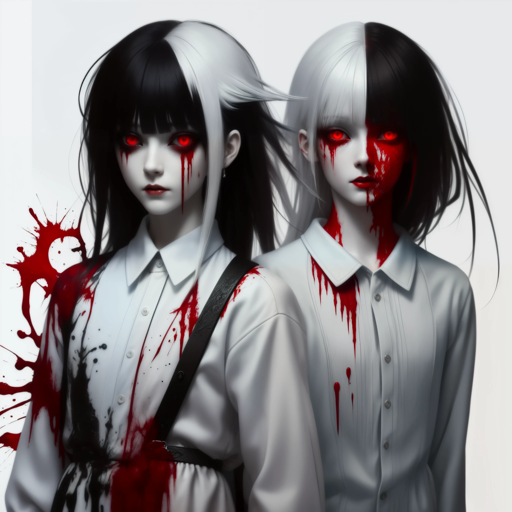 (masterpiece, best quality:1.2), cover image, splashed color background, highly detailed, colorful black, 1 girl, long silver hair, red eyes, short hair, blunt bangs, mannequin, cool face, (((white clothes))), illustration, horror art, dread, creepy, blood, blood eyes, gore, wabstyle