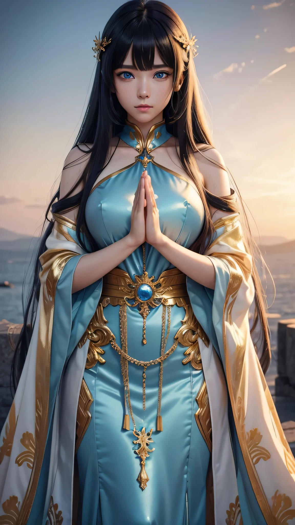 8K、Ultra HD、anime、(A very beautiful female character with beautiful features)、((Beautiful clear blue eyes))、Beautiful long hair、Messy bangs、Depiction of the upper body、(((Beautiful long thin fingers)))、(((Prayer Pose)))、((Wearing a glittering golden outfit))、(I'm doing fortune telling)、Mysterious Space、((magic circle background))、((Facing forward))、(((I'm directing my gaze here)))、