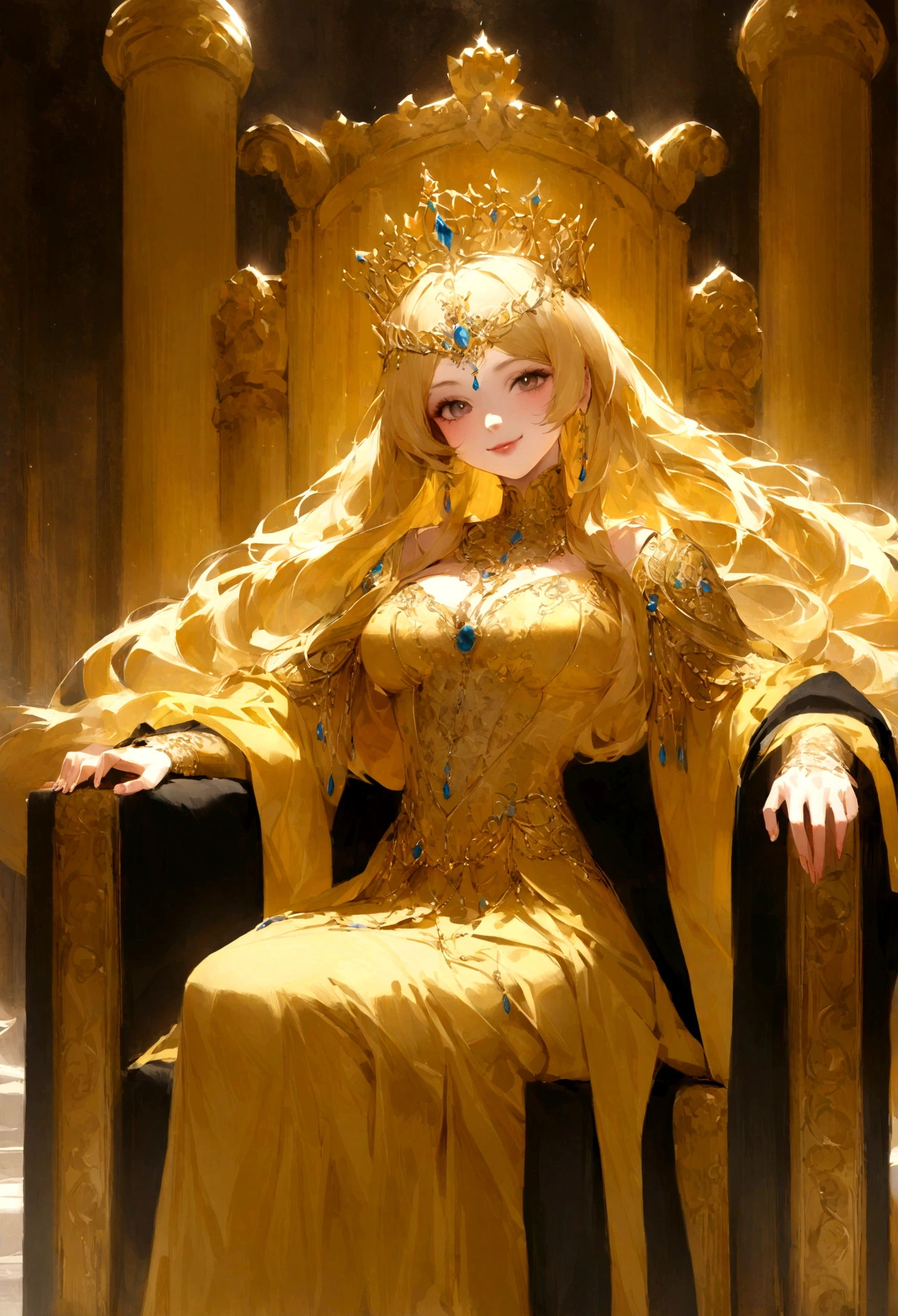 Here's an English prompt based on the image you provided: "A regal woman seated on a golden throne, wearing an intricately designed golden dress and crown. She exudes an aura of power and majesty, with her golden hair flowing and adorned with elegant jewelry. The background features ornate golden pillars and a warm, glowing light, enhancing the royal and opulent atmosphere."Japanese high school girl with a gal style face, cute, smiling.Realistic styleWith large breasts