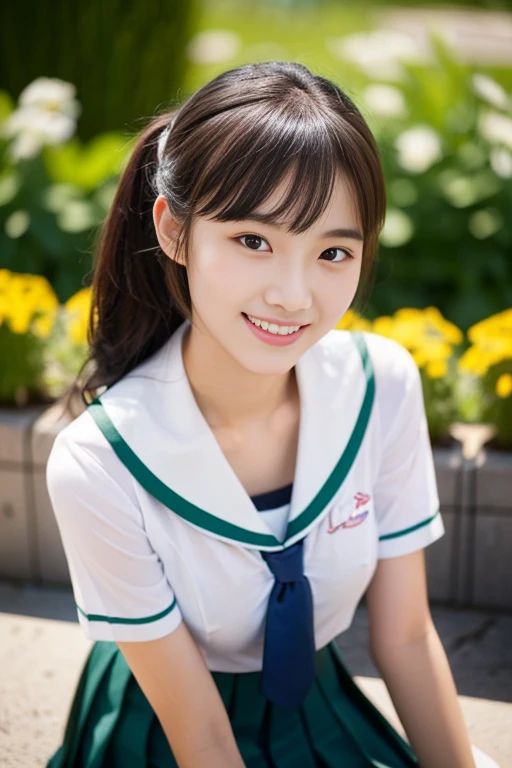 (((full bodyesbian)))、((Girls' High School Uniforms))、((1a person))、ponytail、short-hair、Close to the subject、((a school flower beds)))、(((ssmile)))、(((Girls' High School)))、((a beauty girl))、((sexy pose))、Photorealsitic、Beautiful detailed eyes、Hyper-Realism、highcontrast、Ultra HD、realistic skin textures、Top image quality、top-quality、超A high resolution、Fine details、Very meticulously、well-endowed round bosom