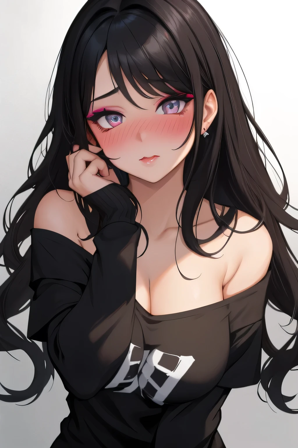 Amazing portrait of a sexy woman with a beautiful face emphasised by amazing makeup and black hair and seductive eyes in an intense gaze with her mouth parted and a deep blush on her face as she's flustered wearing an off shoulder t shirt