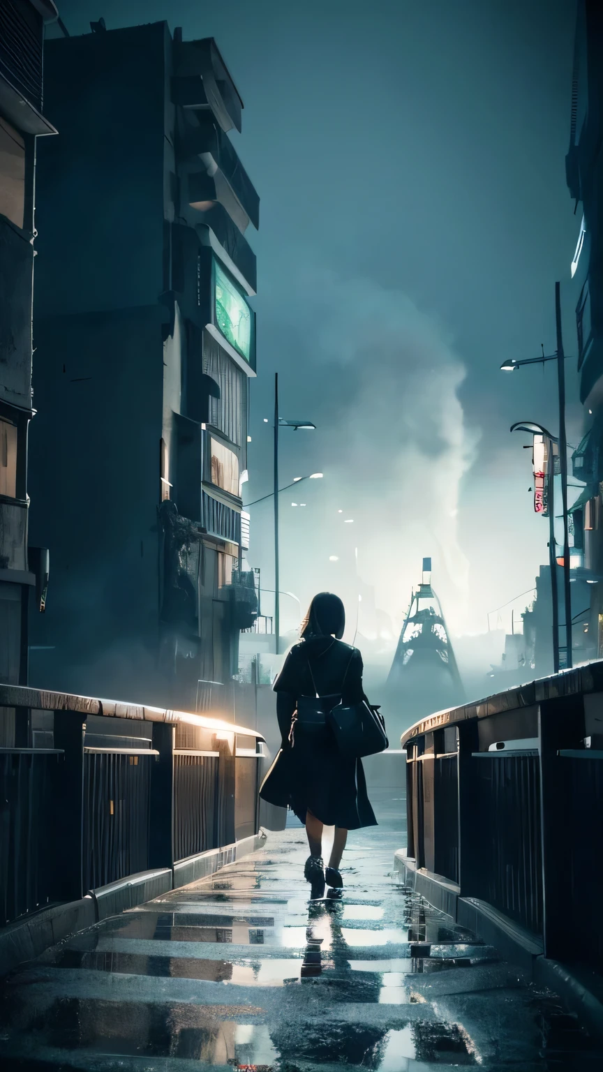 A woman walking down a street in a city at night - SeaArt AI