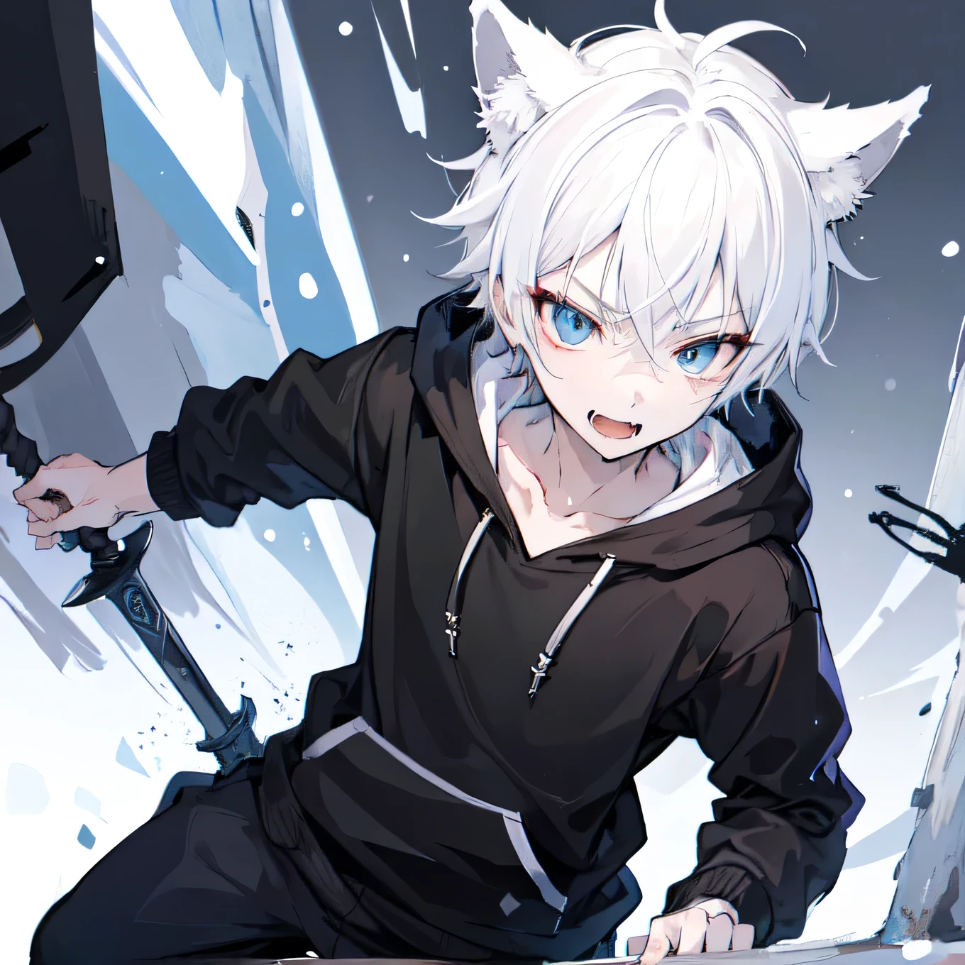 1Boy, Boyish, Catboy, Fangs Showing, Ultra-detailed Ice-colored Dragon Eyes, Eye-focus, Snow-White Hair, Head Shot, Cute Expression, Tight Hoodie, Plain Background, Black sword 