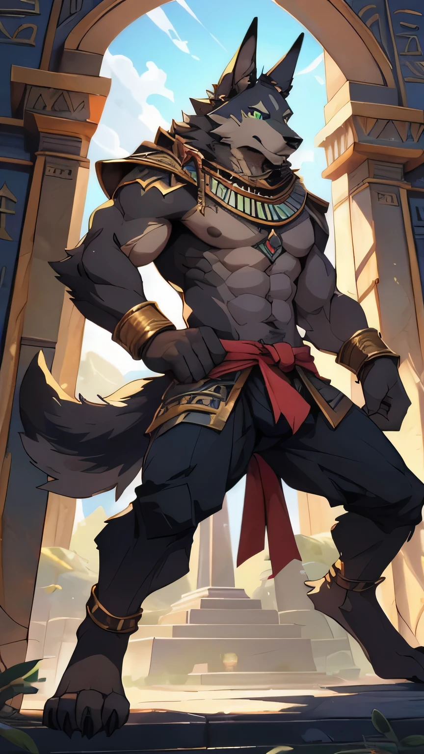 ((Anubis))，(grim Reaper），Pharaoh element artwork，cold，high quality，((whole body))，Furry wolf，(teenagerfurry)，Wolf Tribe，teenager，Jackal，Golden Neck Armor，(Gold Bracelet)，(Black head)，(Black limbs)，(Black back)，(Black neck)，((Dark brown chest))，((Brown Abs))，(Green pupils)，Thin ears，Long ears，Pointed ears，(Cyan ear hair)，(Thick body)，(Thin waist)，Pectoralis major，((Long legs))，(Bigfoot)，Thick wolf tail，Mature face，Exquisite eyes，，Delicate eyes，Detailed body，Detailed legs，(Perfect hands)，(Perfect feet)，high resolution，No shirt，No underwear，Ribbon，((Slight crotch bulge))，(((Mausoleum Background)))，(daytime)，(looking directly at camera)，(Fighting Stance)，Kenket&#39;s Art