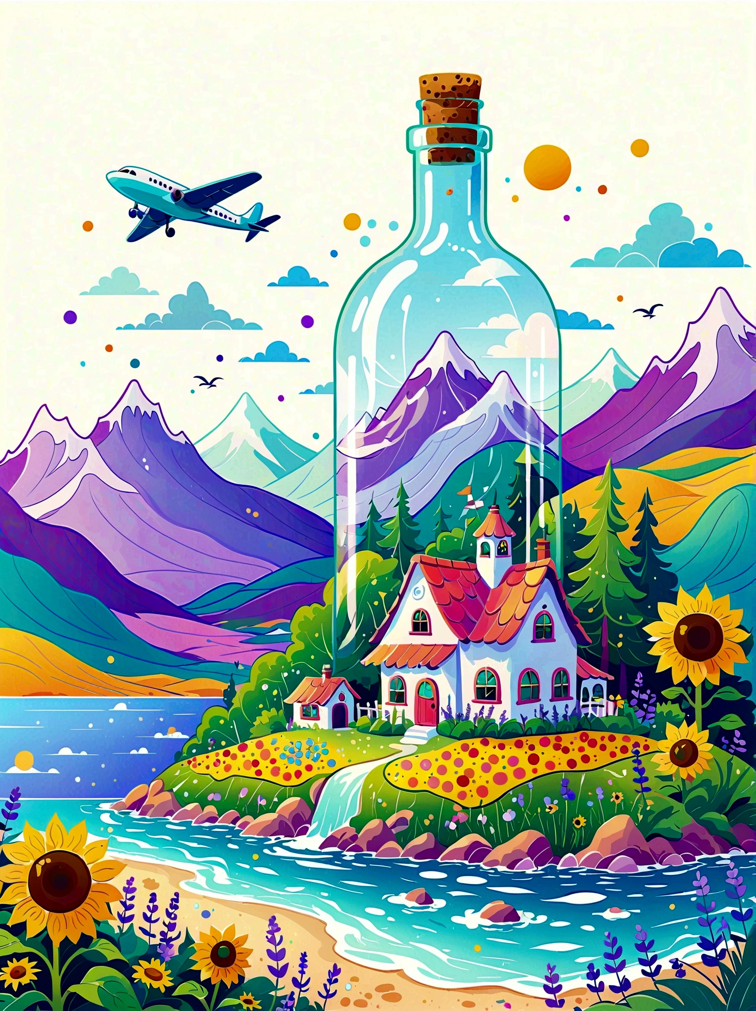 1pzsj1, (flat, user interface vector style), (world in a bottle), heavenly colors, colorful fantasy candy house, fairy tale world, spring, seaside, rios, tree house, sunflower field, lavender, mountains, peaks, big trees, (simple illustration), (smooth line art: 1.2), (minimalism), white background, (graphic design aesthetics), (flat illustration), (Plane illustration)