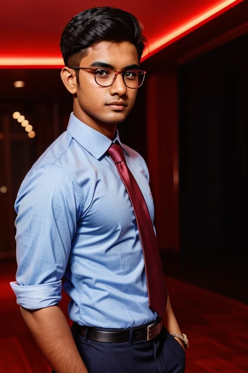 21 year old indian boy With fair skin Wearing spectacles and narrow body Posing for a linkedin picture in formals red light background