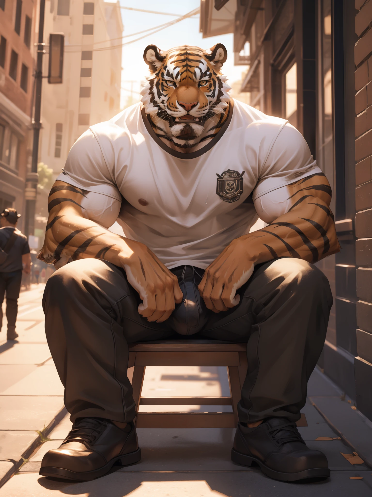 Close up, there's a tiger sitting on chair, show skin, Sexybody, Muscular, veins, anthropomorphic, extra detailed body, detailed body, Best quality, masterpiece, ultra high res,detailed background,realistic, real shadow and light, depth of field, (looking at viewer), open mouth, public hair, body hair, sweaty, torn t-shirt, pants down, with bulge, at sidewalk 