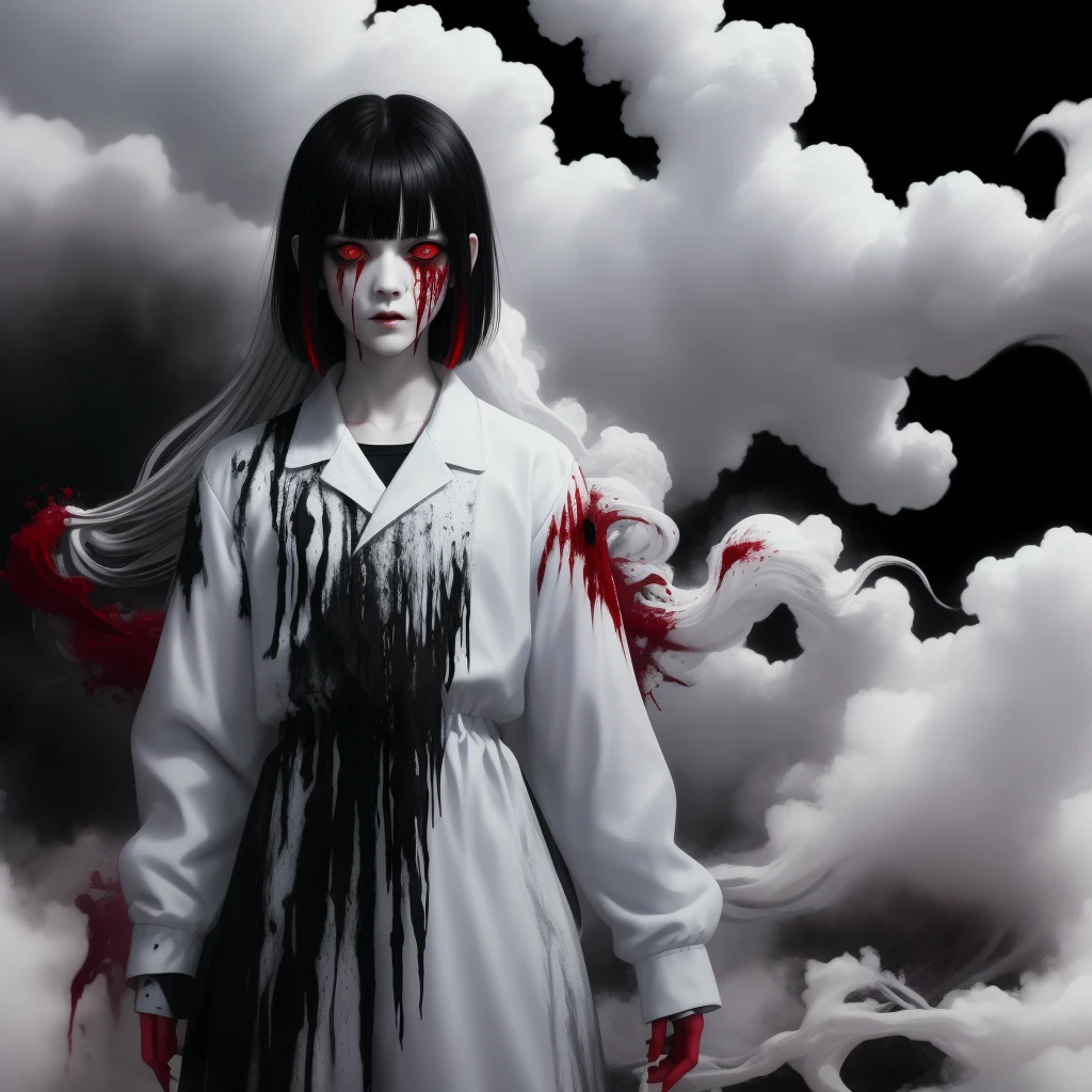 (masterpiece, best quality:1.2), cover image, splashed color background, highly detailed, colorful black, 1 girl, long silver hair, red eyes, short hair, blunt bangs, mannequin, cool face, (((white clothes))), illustration, horror art, dread, creepy, blood, blood eyes, gore, wabstyle, smoke and fog