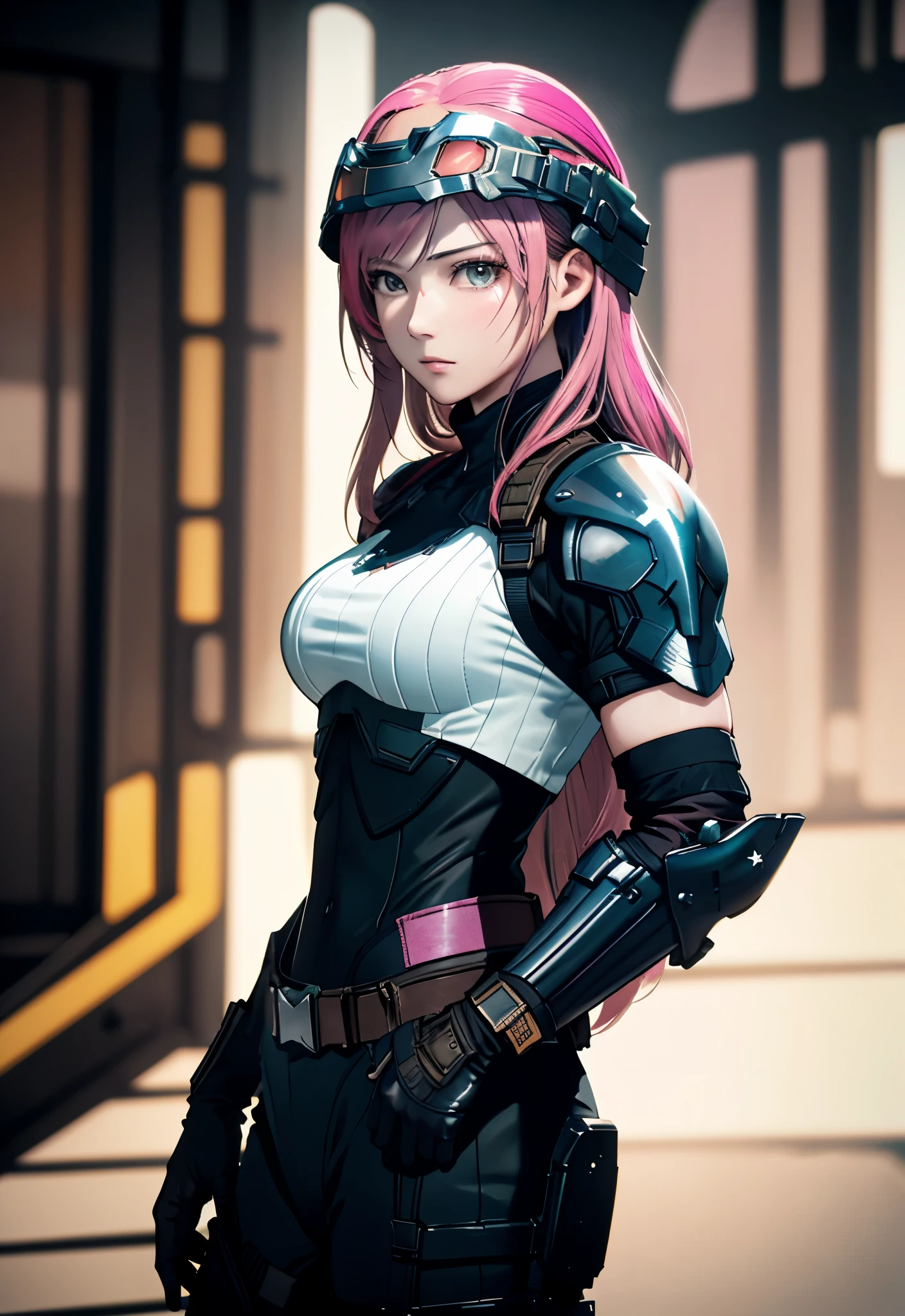 Metal Gear Solid Style, (Detailed complex full-coverage tactical helmet:1.3), (Pink hair), Cowboy Shot, Dynamic Pose, 1girl in, Solo, Ray tracing, (masutepiece), (Best Quality), (Detailed), (Detailed tactical equipment:1.1), (Body Armor:1.1), Combat Pants, gloves, (Intricate background:1.1),