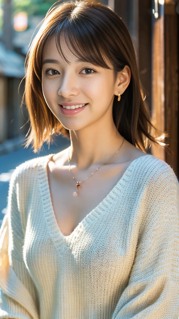 masutepiece, Best Quality, Illustration, Ultra-detailed, finely detail, hight resolution, 8K Wallpaper, Perfect dynamic composition, Beautiful detailed eyes, Medium Hair, Natural Color Lip, Random Poses,Smile, Kyoto Street Walk、20 years girl, Beautuful Women, V-neck sweater、a necklace、A bracelet、earrings