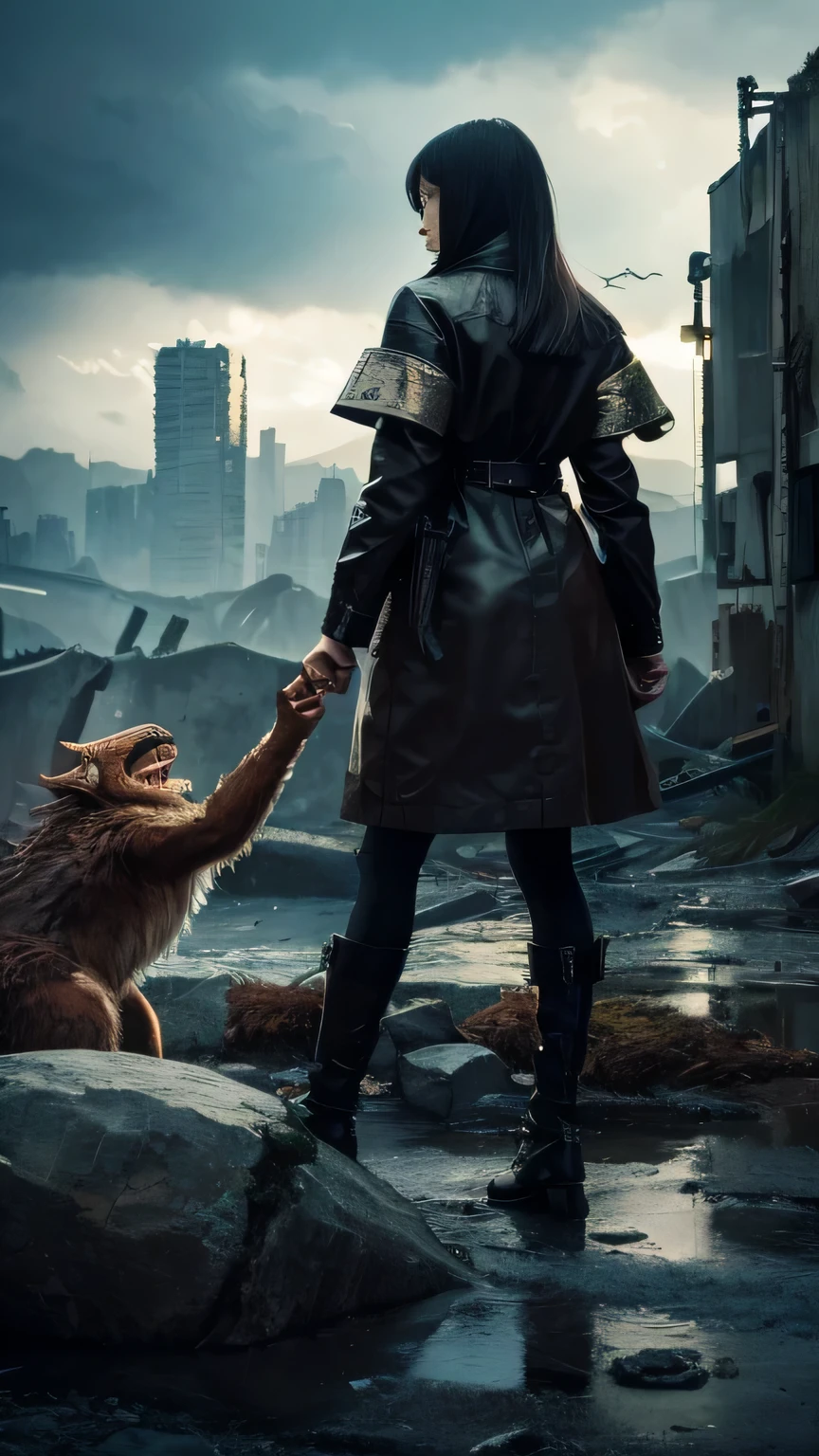 Ultra-high resolution, Superior Quality, highest quality, Super detailed, Realistic, 8k, highest quality, masterpiece, Japanese woman holding hands with a big monster, Ruined City, A dark, mysterious and eerie worldview,