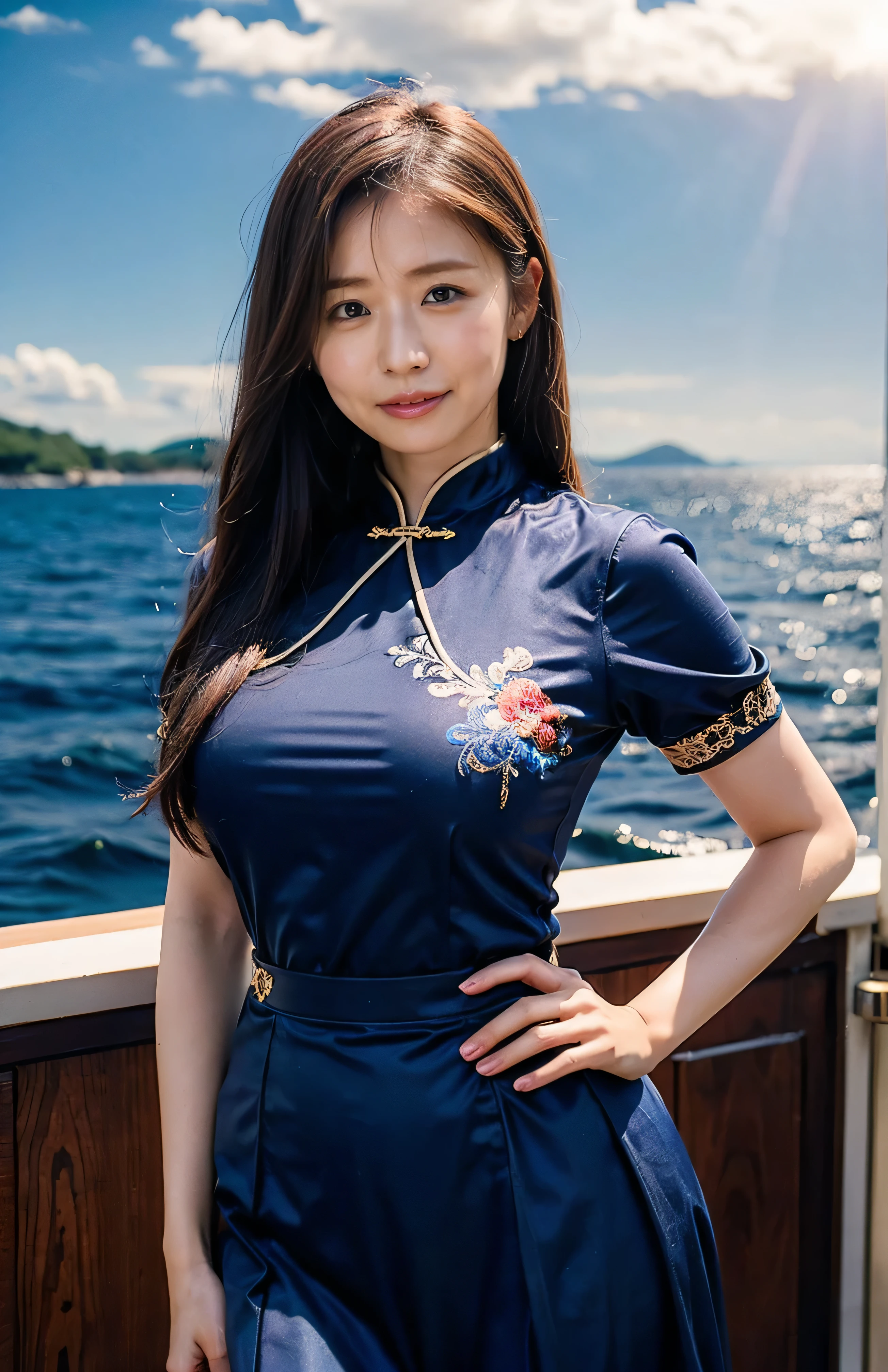 The sky turns red、hair ornaments、Tie your hair elegantly、Gorgeous silk cheongsam、((Standing on a boat with one hand on hip、Luxurious and shiny navy-colored Chinese dress with embroidered long skirt:1.4)).A luxurious and shiny silk cheongsam、A luxurious navy blue cheongsam with embroidery、Woman standing on a boat、Light brown hair、Elegant hairstyle、Blue Eyed Woman、A woman with a cute upward gaze、When the sky gets dark、The gentle light of the ship shines、The sky turns red as the sun sets、Tight clothing that shows your body lines、、Elegant navy blue summer knit、Elegant black summer sweater、Short skirt、Dress elegantly着こなす、Luxury Bagedium Shorthair:1.4))、Skyscrapers seen across the sea、Manhattan 私sland is visible offshore、Woman on a sightseeing boat、、The sun shines on her、Light brown hair、Light brown hair、The sky was dyed red、There are clouds、private's cute、An elegantly dressed woman is sitting on a boat and watching the sunset、Her ample breasts are obvious even through her clothes..、The shining sun is so beautiful、Dusk is approaching、Lens flare、I can see the sunset、((Sunlight reflecting off the ocean、Ocean View、The sun shines on the sea、'beautiful.、Small earrings、private'evening、Birds are also flying、、Brown Hair Color、Tying up hair、The woman is on the right:1.4))、Luxury Leather Belts、Shiny clothes、Light beige hair color、Background Blur、Braid only the front hair、Light brown hair、{{Cowgirl Shot}}、((Close-up shot from the waist up、Ample breasts:1.4))、Smile、Silk clothing、Ample breasts that can be seen even through clothes、Braid only the front hair、Cowboy Shot、Gorgeous white collared silk shirt and brown skirt、Dress elegantly、Luxury Bags、A lovely smile、((Ample breasts))、Full body photo、ring、Short skirt、Tuck your hair behind one ear、Silver Necklace、smile、 Elegant ponytail、Caustics、Highly detailed photos、Very beautiful and ideal short hair、Super no makeup、(8k、RAW Photos、highest quality、masterpiece:1.2)、(Realistic、Realistic)、1 girl、((Medium Short Hair、Looking into the camera:1.4))、Hair blowing in the wind