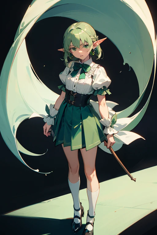 A full body shot of a sad anime elf girl with the same face and short, emerald green hair as the elf from Goblin Slayer, with vivid green eyes filled with sorrow. She has the distinct head shape and long, pointed ears like the elves from Goblin Slayer, adorned with small, intricate silver earrings. She is wearing a  consisting of a fitted white blouse with a large, soft green bow tie at her neck, a pleated skirt that reaches just above her knees, and knee-high white socks paired with black mary jane shoes. The blouse features delicate lace accents along the collar and cuffs, adding a touch of elegance. The green bow tie at her neck is neatly tied, creating a charming focal point. Her expression is melancholic, with a slight downturn of her lips and a faraway look in her eyes. She stands in a dark setting with a black background, drawn in the art style of A-1 Pictures, shot with a Sony A7R IV, 50mm f/1.4 lens, muted anime-style colors make her angry